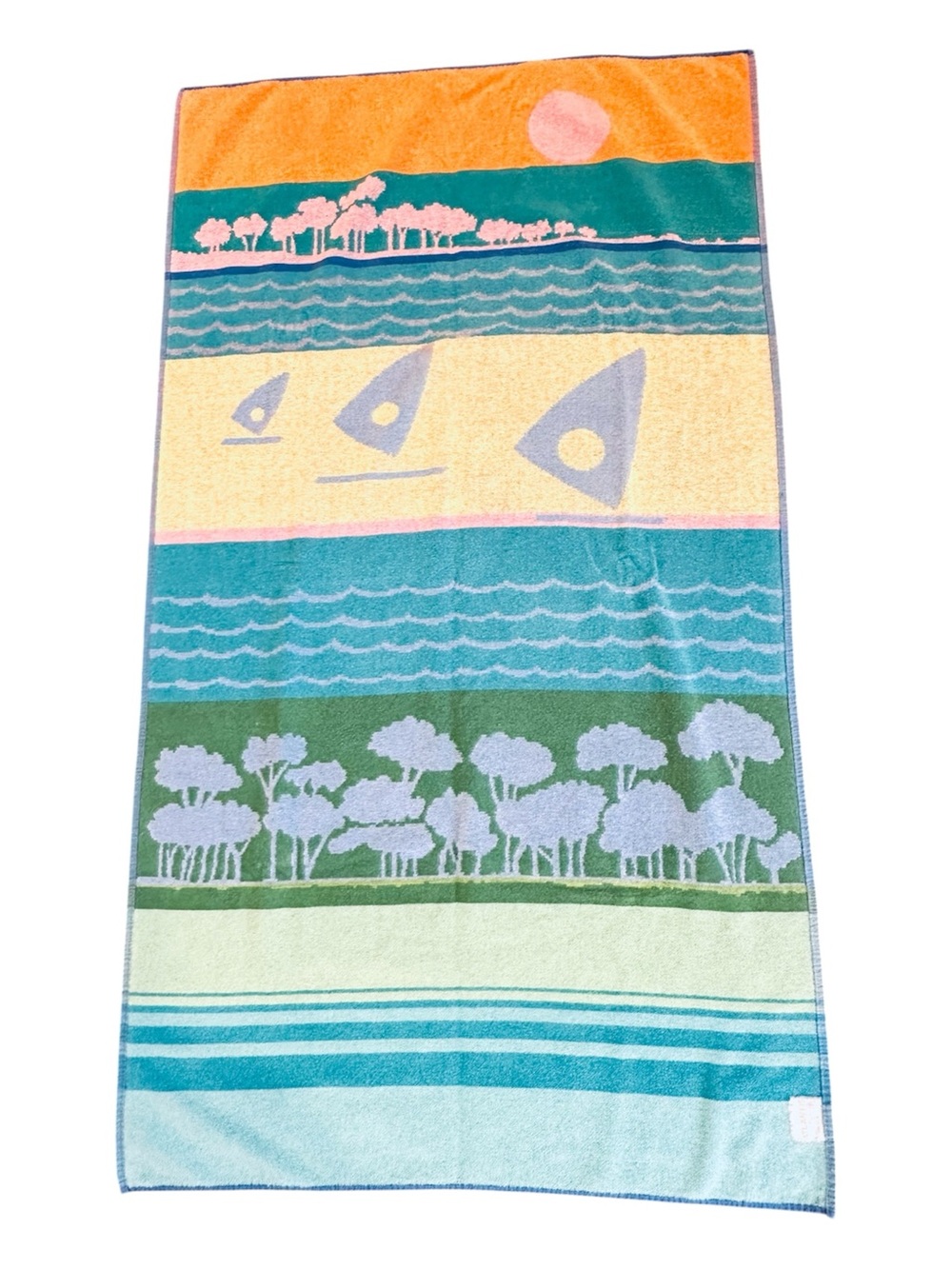 Vintage 90s Beach Towel Sailboats Coastline 55" Atlantis by Brastex Pastel Multi - Picture 2 of 7
